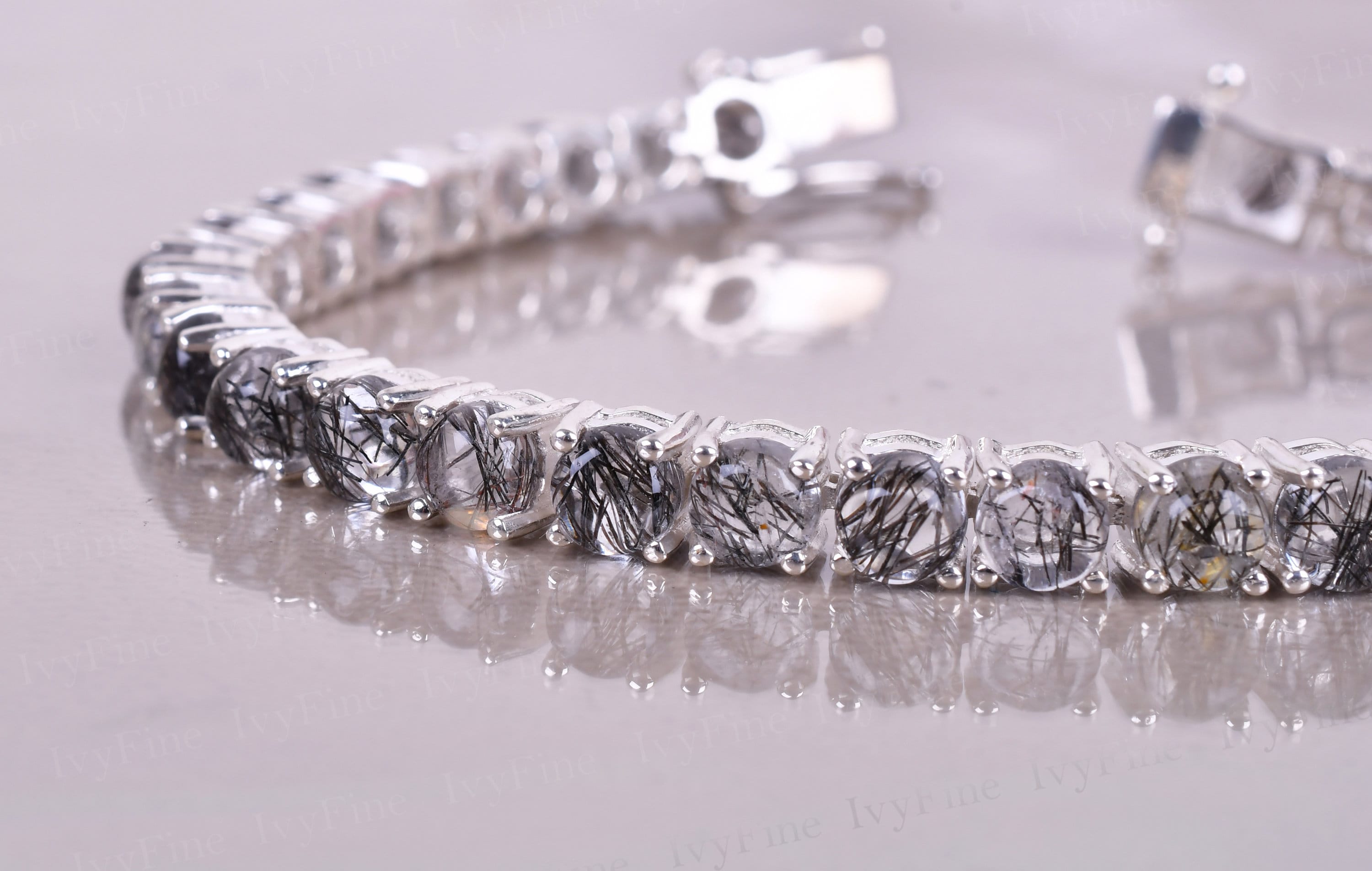 Black Rutilated Quartz Bracelet, Sterling Silver Tennis Bracelet 