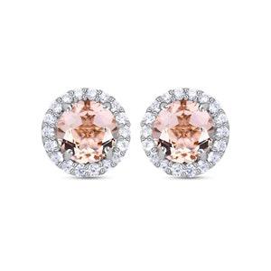 Delicate Morganite Stud Earrings, Bridal Halo Earring, Birthday Gifts, Women&#39;s Stud, Birthstone jewelry,  14k white gold Stud, Gift For her