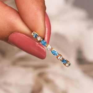 14k Gold Swiss Blue Topaz Wedding Band, Half Eternity Marquise Ring, Unique Ring, Anniversary Gift For Her, Topaz Jewelry, Minimalist band