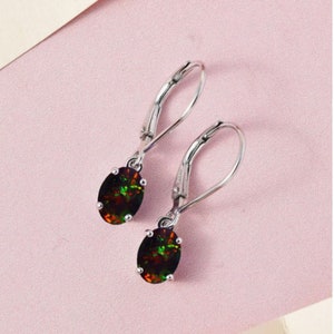 14K Black Opal Earring, Wedding Bridal Gifts, Oval Shaped Leverback Earring, Drop and Dangle Earring, Black Fire Opal Jewelry, Gifts For Mom