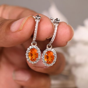 Orange Fire opal earrings for her, Oval Shape Opal Drop Earring, Unique Halo Earrings, Orange Earrings, Personalized Gifts for Women Jewelry