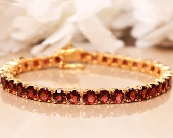 Vintage Red Garnet Tennis Bracelet, 925 Sterling Silver