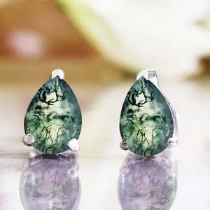 Moss agate Earring, Pear Shape Moss Agate Earring, 14KWhite Gold Earring, Solitaire earring, Earring For Women, Mother Daughter Gift for Her