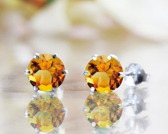 Madeira Citrine Earrings, 925 Sterling Silver Studs, 6.0MM Round