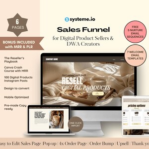 May include: A digital marketing sales funnel design displayed on a computer monitor, laptop, and tablet. The design includes the text "Sales Funnel for Digital Product Sellers & DWA Creators" and "Resell Digital Products". Additional text includes "Easy to Edit Sales Page".