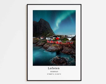 Impression des Lofoten, affiche de la Norvège, affiche des aurores boréales, art des aurores boréales, affiche de voyage