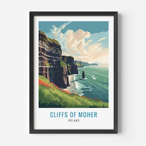 Impresión de los acantilados de Moher, póster de Irlanda, póster de los acantilados de Moher, ilustración de los acantilados de Moher, póster de viaje