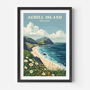 Stampa di Achill Island, poster dell'Irlanda, poster di Mayo, poster retrò di Achill Island, poster di viaggio