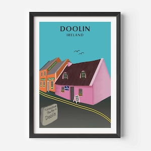 May include: A colorful illustration of a pink building with a brown roof and a blue door. The building is labeled "The Pier" and is located on Fisher Street in Doolin, Ireland. The illustration is set against a blue sky with white birds flying overhead.