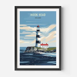 May include: A black and white striped lighthouse with a red roof stands on a rocky island in the ocean. The sky is blue with white clouds. The text "HOOK HEAD IRELAND" is at the top of the image.