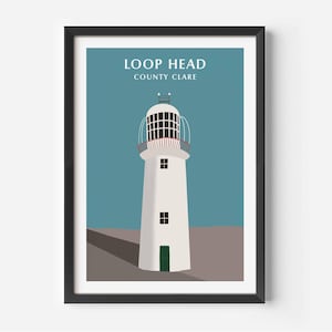 Może przedstawiać: Oprawiony wydruk przedstawiający białą latarnię morską z czerwono-białym dachem na tle turkusowego tła. U góry widnieje napis "LOOP HEAD COUNTY CLARE". Latarnia ma zielone drzwi i małe kwadratowe okna.