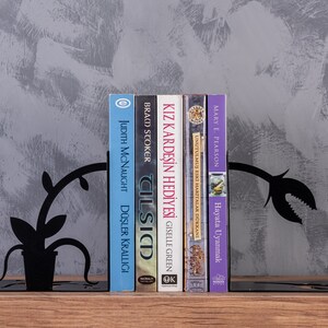 Könnte beinhalten: Ein dekorativer Buchstütze aus schwarzem Metall in Form einer Pflanze hält mehrere Bücher. Die Bücher haben farbige Buchrücken und Titel in verschiedenen Sprachen, darunter "Träume des Königreichs" und "Geschenk der Schwester."