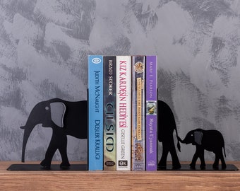 Sujetalibros metálicos con forma de familia de elefantes: decoración africana para estanterías.