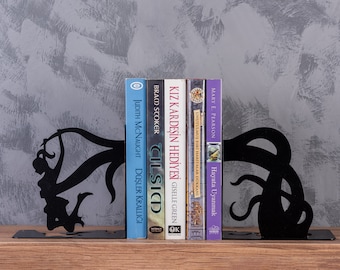 Tentacles Attack Lady Bookend Metal Book Holder, Decorative Bookends, Decor,Gift For Sea Ocean Lovers, Bookrest, Tentacles, Mystical Depths