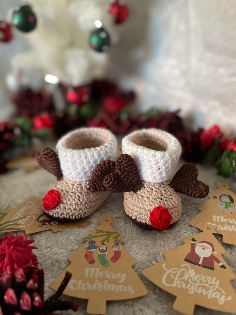 Christmas Baby Booties Warm Crochet Reindeer Baby Girl Boy image 1