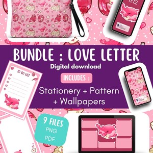 Peut inclure: Un ensemble de téléchargement numérique intitulé BUNDLE : LOVE LETTER comprenant papeterie, motifs et fonds d'écran. Le lot inclut 9 fichiers PNG et PDF illustrant un dauphin rose, des cœurs et des enveloppes sur fond rose avec une pochette.
