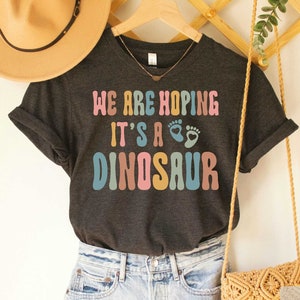 May include: Dark grey heather V-neck t-shirt with the text "We are hoping it's a dinosaur" in rainbow colors. The text is in a retro font style with a pair of baby footprints.