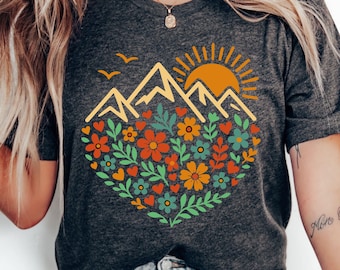 T-shirt graphique montagne floral : chemise nature en toile Bella