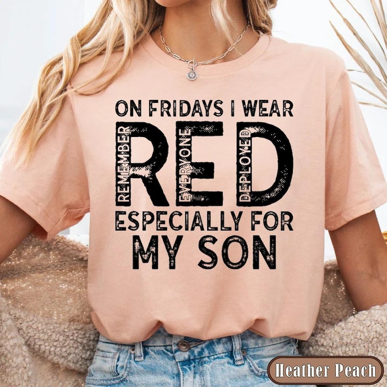 Military Mom Deployed Son RED Friday Shirt, Patriotic Apparel Service Member Support Tee, On Fridays We Wear RED Bild 3