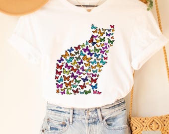 Cat Butterlies Graphic Shirt Pet Lover Gift Cat Mama Shirt Kitten Shirt Butterfly Themed Shirt