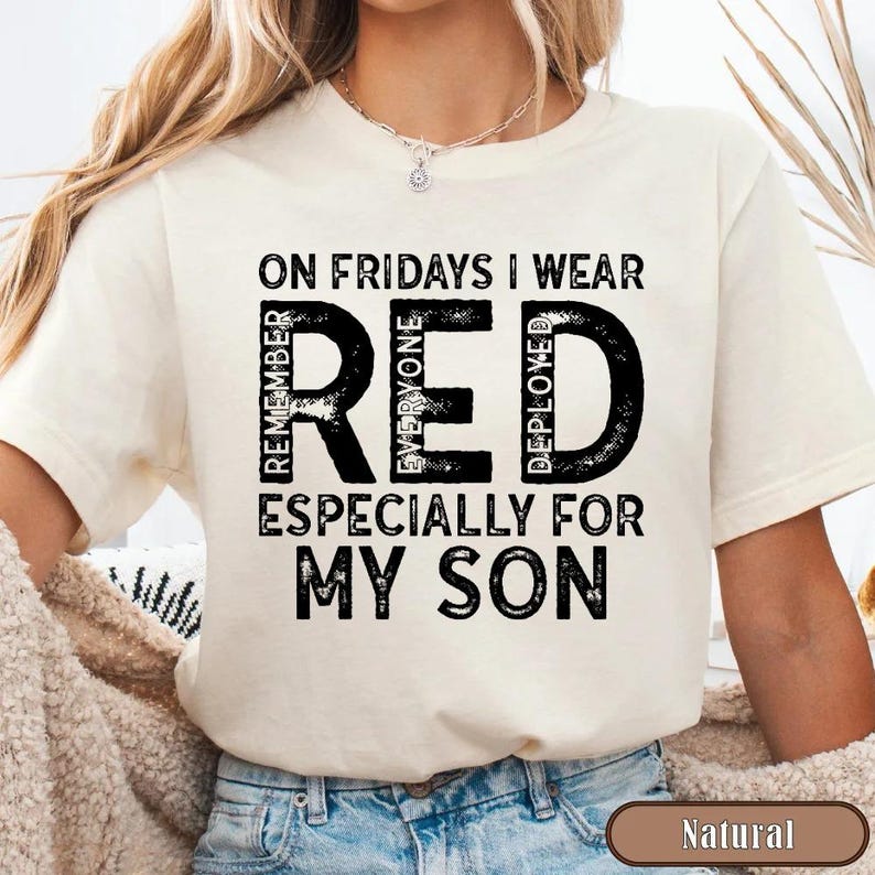 Military Mom Deployed Son RED Friday Shirt, Patriotic Apparel Service Member Support Tee, On Fridays We Wear RED Bild 6