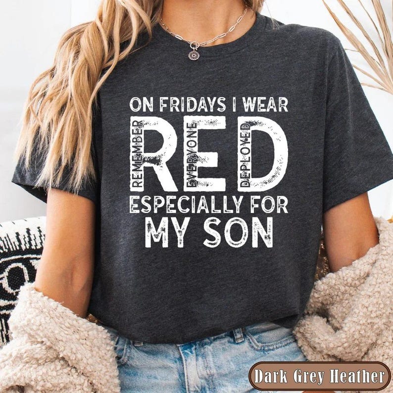 Military Mom Deployed Son RED Friday Shirt, Patriotic Apparel Service Member Support Tee, On Fridays We Wear RED Bild 18