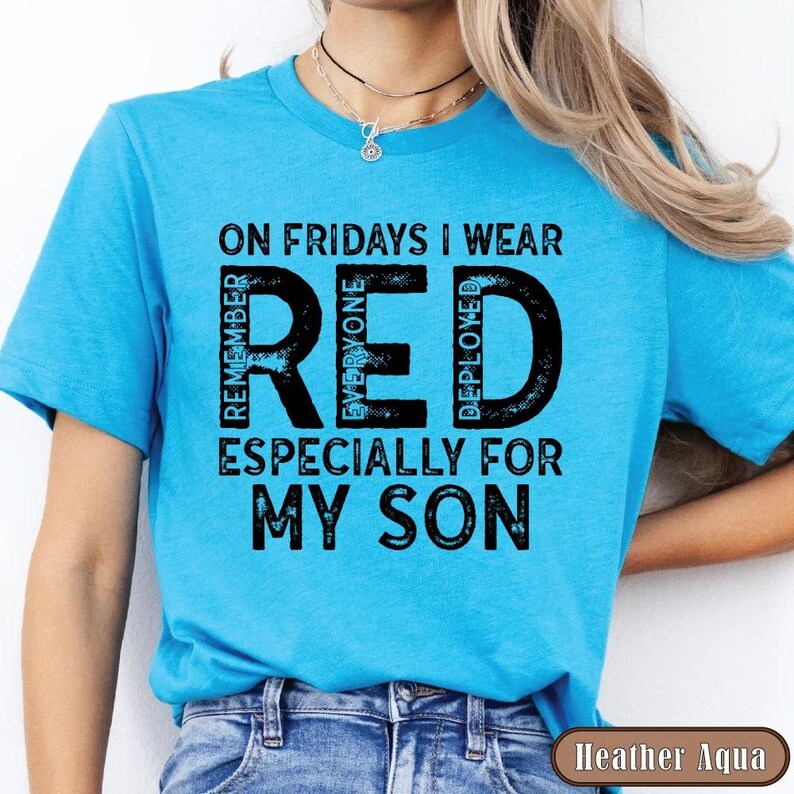 Military Mom Deployed Son RED Friday Shirt, Patriotic Apparel Service Member Support Tee, On Fridays We Wear RED Bild 9