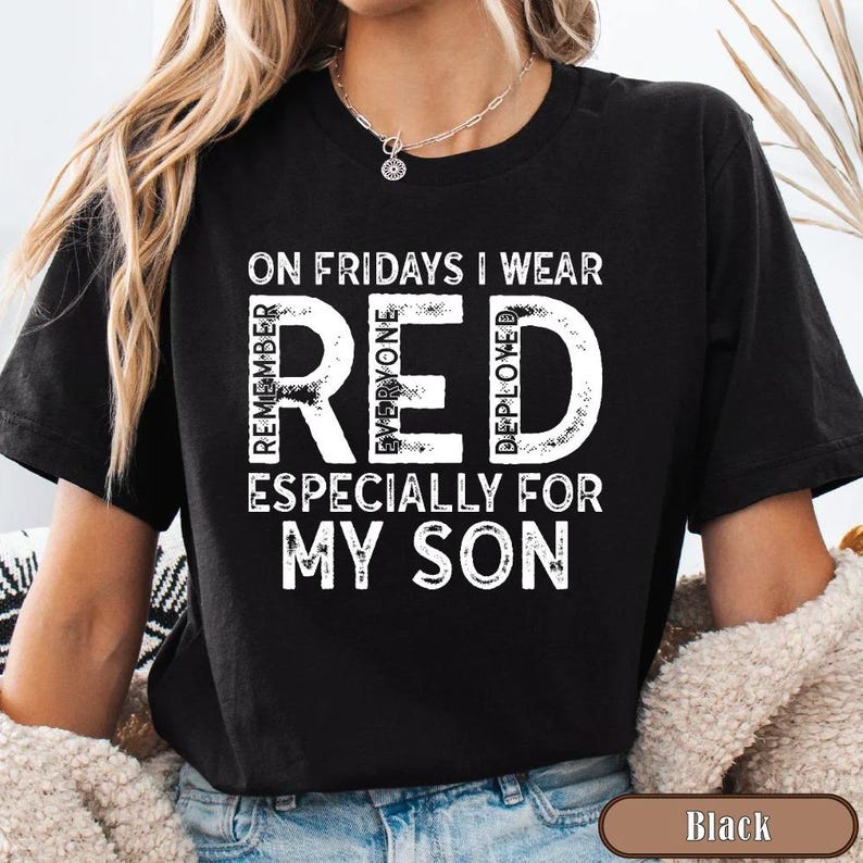 Military Mom Deployed Son RED Friday Shirt, Patriotic Apparel Service Member Support Tee, On Fridays We Wear RED Bild 16