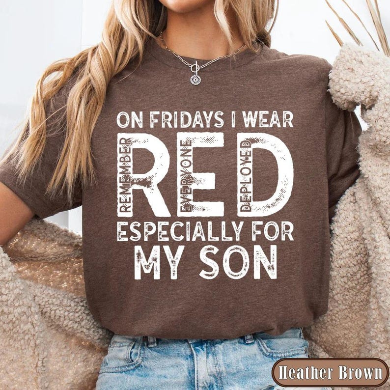 Military Mom Deployed Son RED Friday Shirt, Patriotic Apparel Service Member Support Tee, On Fridays We Wear RED Bild 7