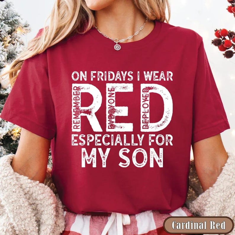Military Mom Deployed Son RED Friday Shirt, Patriotic Apparel Service Member Support Tee, On Fridays We Wear RED Bild 1