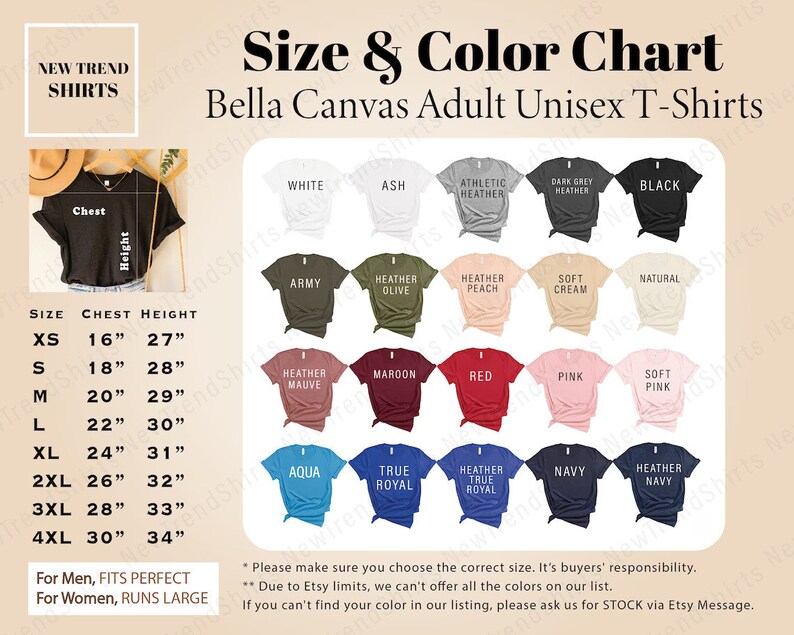 May include: Size and color chart for Bella Canvas adult unisex t-shirts. The chart shows 20 different colors, including white, black, red, blue, green, and pink. The chart also includes a size guide with chest and height measurements in inches. The chart states that for men, the shirts fit perfectly, but for women, they run large.