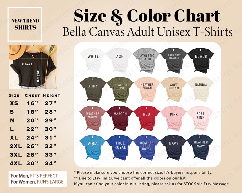 Peut inclure: Tableau des tailles et des couleurs pour les t-shirts unisexes pour adultes Bella Canvas. Le tableau montre les diff&eacute;rentes tailles et couleurs disponibles, notamment blanc, cendr&eacute;, chin&eacute; athl&eacute;tique, chin&eacute; gris fonc&eacute;, noir, arm&eacute;e, olive chin&eacute;, p&ecirc;che chin&eacute;, cr&egrave;me douce, naturel, mauve chin&eacute;, bordeaux, rouge, rose, rose p&acirc;le, aqua, bleu royal, chin&eacute; bleu royal, marine et bleu chin&eacute;. Le tableau comprend &eacute;galement les mesures de la poitrine et de la hauteur pour chaque taille, allant du XS au 4XL. Pour les hommes, les t-shirts sont parfaitement ajust&eacute;s, mais pour les femmes, ils sont grands.