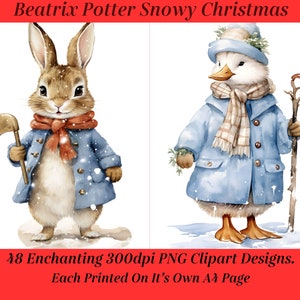 Puede incluir: Un conjunto de 48 ilustraciones digitales con personajes de Beatrix Potter vestidos con ropa de invierno. Las ilustraciones están en estilo acuarela y presentan un conejo y un pato. El texto "Beatrix Potter Snowy Christmas" y "48 Enchanting 300dpi PNG Clipart Designs. Each Printed On It's Own A4 Page" está incluido en la imagen.