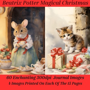 Puede incluir: Un diario digital imprimible con 60 imágenes de personajes de Beatrix Potter celebrando la Navidad. Las imágenes son de 300 ppp y hay 4 imágenes por página, para un total de 15 páginas.