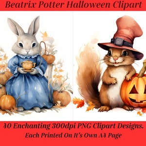 Puede incluir: Un conjunto de 40 imágenes de clipart digitales con personajes inspirados en Beatrix Potter vestidos con disfraces de Halloween. Las imágenes son de 300 dpi y están diseñadas para imprimirse en papel A4. Las imágenes incluyen un conejo con un vestido azul y sosteniendo una taza de té y una ardilla con un sombrero de bruja y sosteniendo una calabaza tallada.