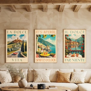 Arte mural vintage de Italia / Juego de 3 carteles digitales / La dolce vita, paisajes y citas italianas / Decoración del hogar inspirada en viajes / Impresión