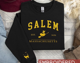 Embroidered Salem Massachusetts Halloween Sweatshirt, Witch Broom, Spooky Vibes Sweater, Retro Style Halloween Top, Salem Witches Shirt
