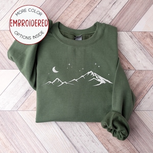 Embroidered Mountains Moon and Stars Sweatshirt, Camping Sweater, Hiking Shirt, Travel, Nature Lover Gift, Adventure Awaits, Wanderlust