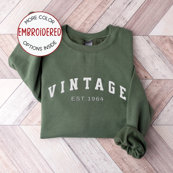 Embroidered Vintage 1964 sweatshirt, 60th Birthday Gift, Funny Birthday Gift Idea, Hello Sixty, Retro Varsity Sweater, Born in 1964 Shirt