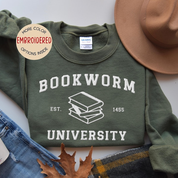 Sweat-shirt universitaire Bookworm brodé personnalisé, Bookish, mon sweat-shirt de lecture, cadeau d’amateur de livres, cadeau de bibliothécaire, style Y2K, chemise universitaire