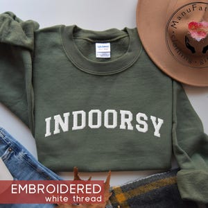 Custom Embroidered Indoorsy Sweatshirt, Slouchy Sweatshirt, Introvert Gift, Gift For Homebody, Cute Graphic Shirt, Varsity Sweater, Unisex