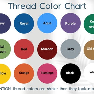 May include: A Thread Color Chart featuring fifteen colored circles labeled Navy, Royal, Aqua, Purple, Kelly green, Kiwi Green, Red, Maroon, Grey, Old Gold, Yellow, Orange, Flamingo, Black, and White. Text reads: ATTENTION: thread colors are shinier then they look in photos.