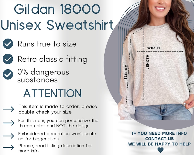 May include: A light gray Gildan 18000 unisex sweatshirt with a crew neck. The image includes text detailing product features, sizing instructions, and a diagram showing width, length, and sleeve measurements for this specific garment style.