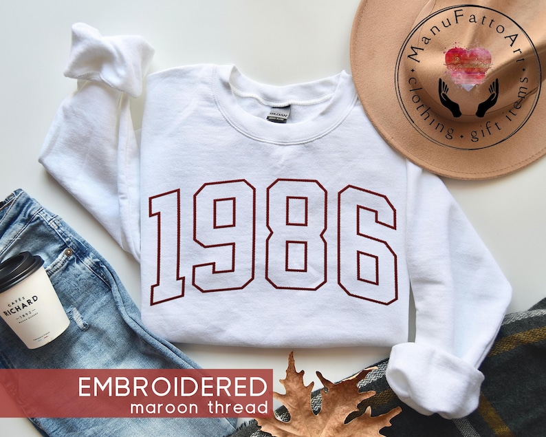 Embroidered 1986 Sweatshirt, 40th Birthday Gifts for Women, Daughter 40th Birthday Gift, Retro Birthday Shirt for Men, Born in 1986 Crewneck White