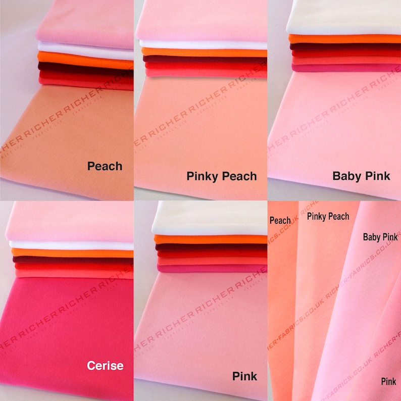 May include: A collection of fabric swatches in various shades of pink, peach, and red. The swatches are arranged in a grid pattern, with each swatch labeled with its corresponding color name. The colors include: Peach, Pinky Peach, Baby Pink, Cerise, and Pink.