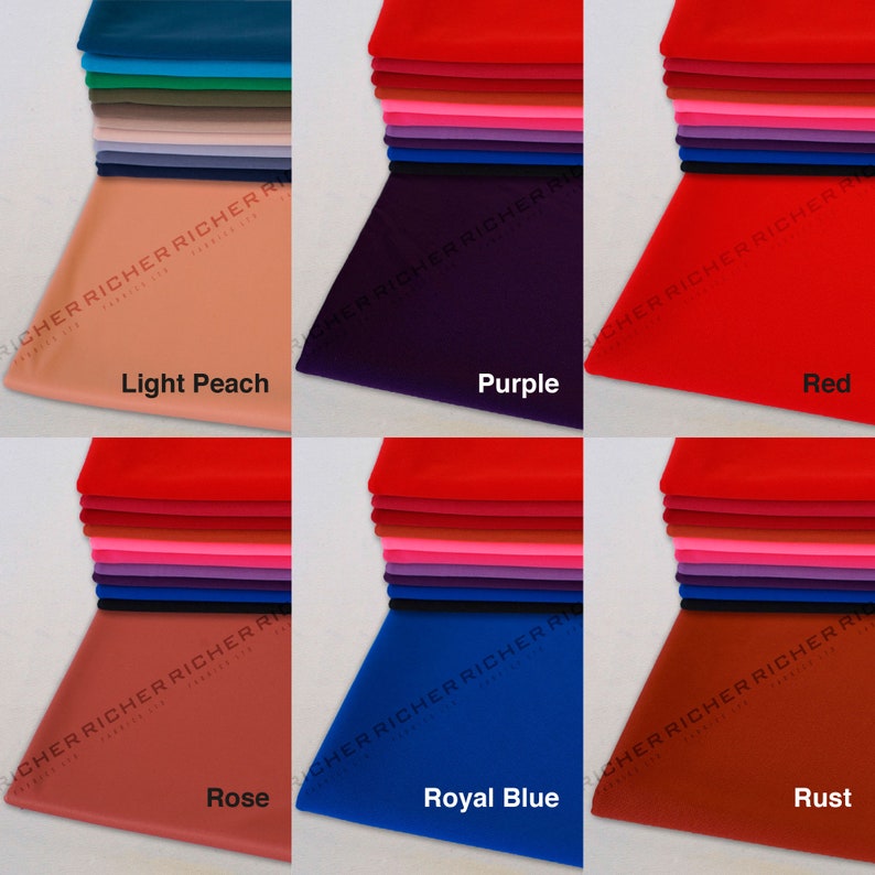 May include: A collection of fabric swatches in various colors, including light peach, purple, red, rose, royal blue, and rust. The swatches are stacked on top of each other and labeled with their respective colors.