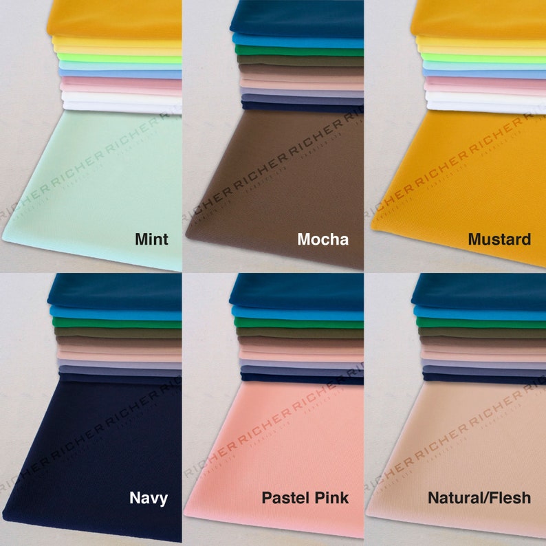 May include: A collection of 10 different colored fabric swatches, including mint, mocha, mustard, navy, pastel pink, and natural/flesh.