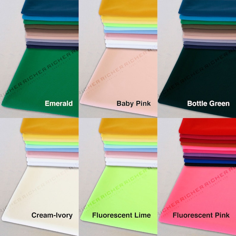 May include: A collection of 10 different colored fabric swatches. The colors are: emerald green, baby pink, bottle green, cream-ivory, fluorescent lime, fluorescent pink, yellow, light blue, light pink, and white.