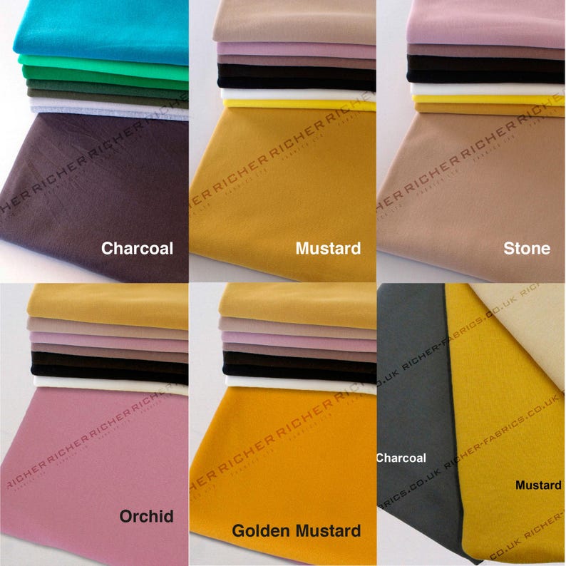 May include: A collection of fabric swatches in various colors, including charcoal, mustard, stone, orchid, and golden mustard. The swatches are arranged in a grid pattern, with each swatch labeled with its corresponding color.