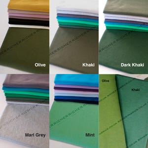 May include: A stack of different colored jersey knit fabric swatches. The colors include olive, khaki, dark khaki, marl grey, mint, and turquoise.